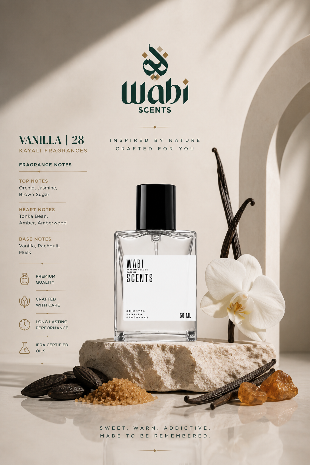 A 50ml bottle of Wabi Scents Vanilla 28 Kalyani Fragrances perfume, styled on a stone slab with vanilla beans, brown sugar, and a white orchid against a warm beige background with arches.