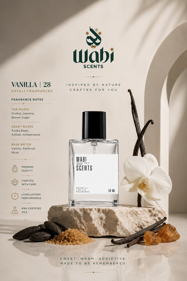 A 50ml bottle of Wabi Scents Vanilla 28 Kalyani Fragrances perfume, styled on a stone slab with vanilla beans, brown sugar, and a white orchid against a warm beige background with arches.